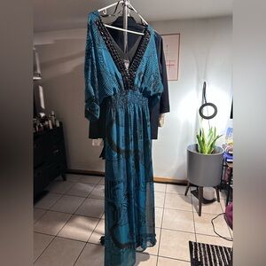 Elegant Blue Maxi kimono Kaftan Dress with Black Accents